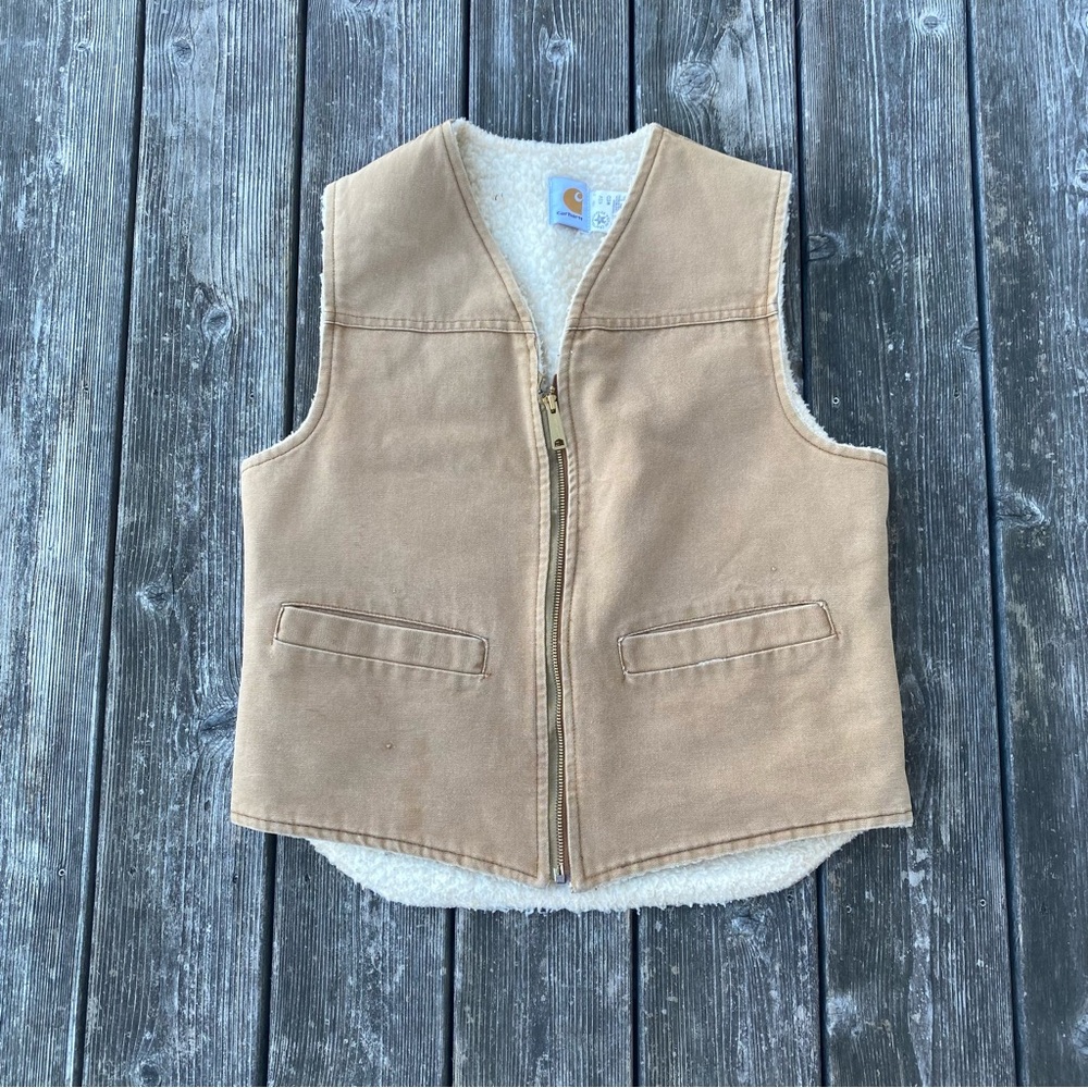 Vintage Carhartt Work Vest Sherpa Lined Tan Cotton Pockets Distressed Sz M